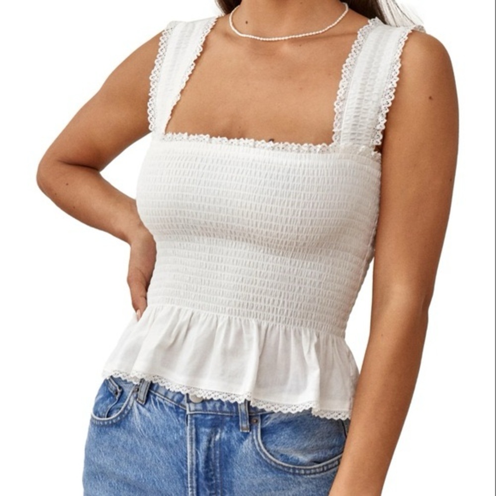Reformation White Smocked Tank Top